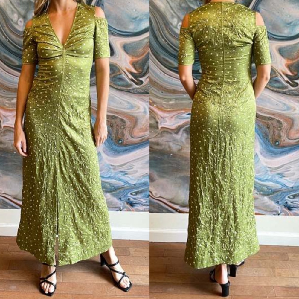 New Ganni Crinkled Satin Maxi Dress - Going Green, Size 32 EU